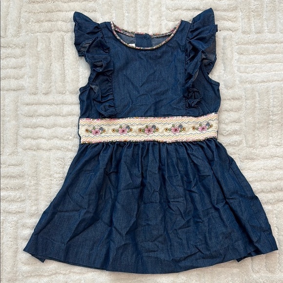 Bonnie Jean Other - Bonnie Jean Chambray Smocked Waist Ruffle Flower Embroidered Dress